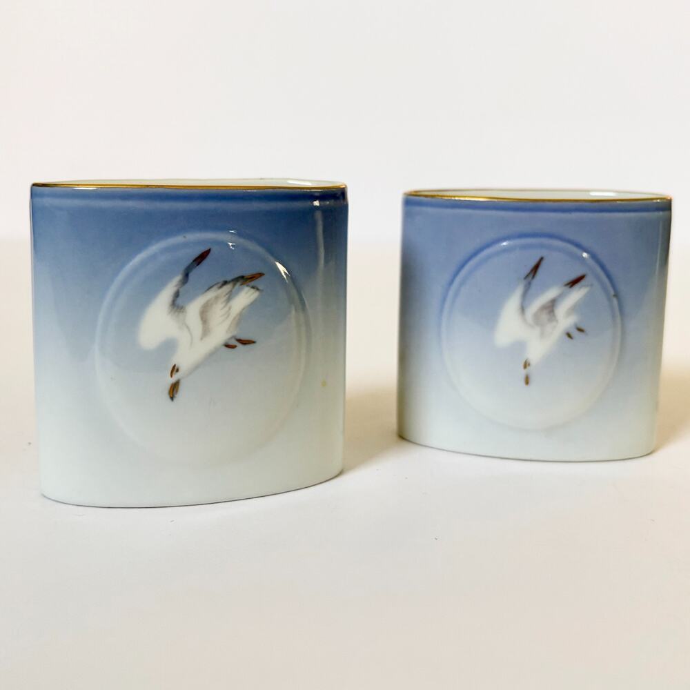 Porcelain Vase Pair Seagull Bing Grondahl Denmark Ceramic 2.5in Blue Danish MCM